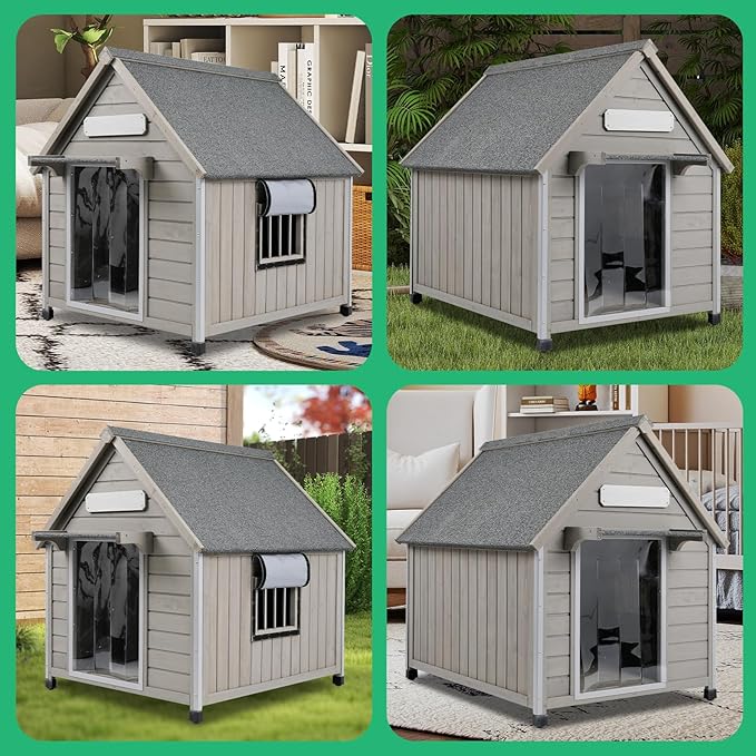 30.5" L Outdoor Dog House with Waterproof Asphalt Roof for Small to Medium Dogs,Large Wooden Indoor Dog Kennel with Anti-Chewing Metal,Oxford Cloth Window,Durable Doghouse for 1-2 Dogs
