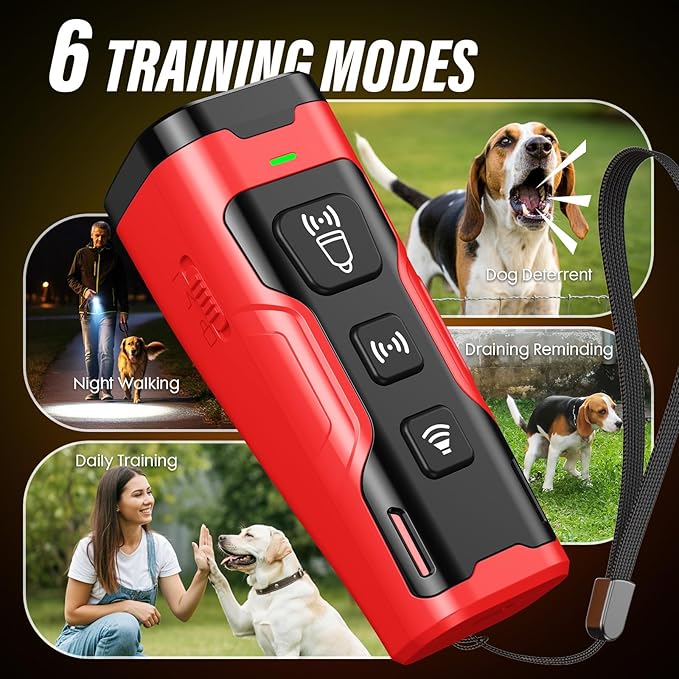 Dog Bark Deterrent Device, 3X Ultrasonic Anti Barking, 6 Training Modes 23 FT Range Barks No More Indoors Outdoors Behavior Correct Safe & Humane Rechargeable Compact Bark Control for Dogs RED