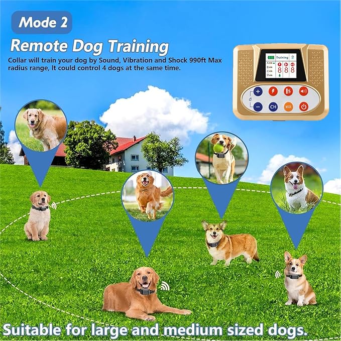 Wireless Dog Fence, Electric Dog Fence & Remote Training Collar, Vibration & Shock, IP65 Waterproof Collar for Large and Medium Dogs with 3 Training Modes, Dog Container Boundary System,for3dogs