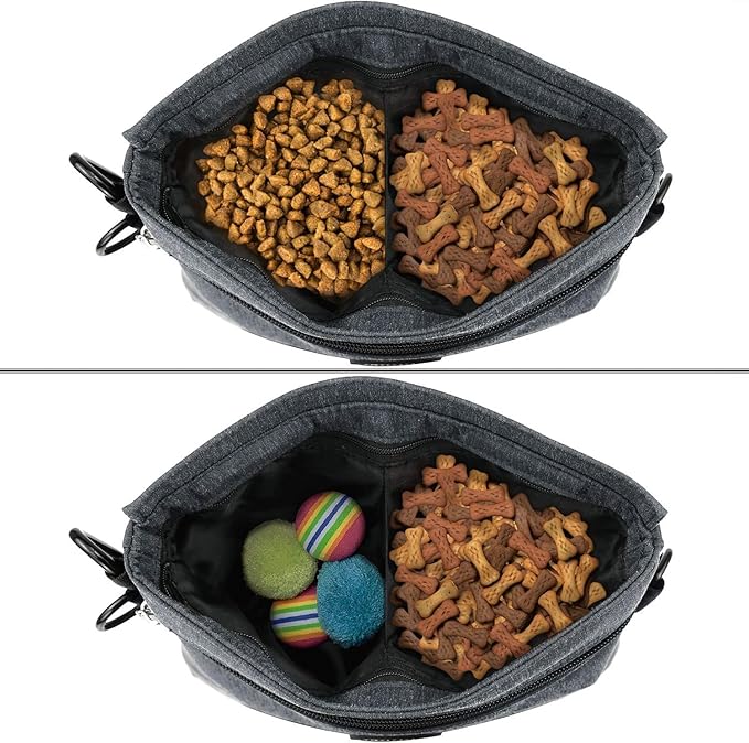 Viklluyr Dog Treat Pouch with Magnetic Closure, 2 Zip Pockets, Removable Inner Pocket, Padded Shoulder Strap, Perfect Food Bag for Agility Training - Including Carabiner