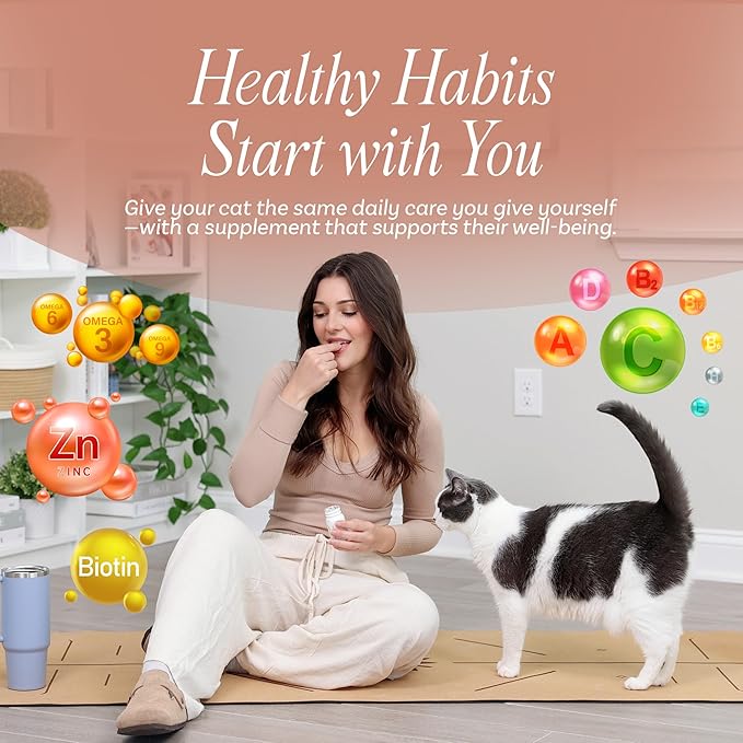 Nutritional Supplement with Multivitamins for Indoor Cats | Omega 3 Oil, Krill, Flax, Kelp | L-Lysine, Probiotics & Fiber for Digestive Support, Hairballs, Skin & Coat, Cat Dental Care Food Topper