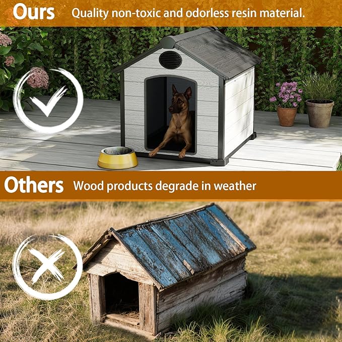 45" Large Dog House Outdoor Indoor with Durable Waterproof Resin Plastic for Medium Large Dogs, Dog House Bed with Air Vents and Elevated Floor, Easy to Assemble (Grey, 45" L x 40" W x 40" H)
