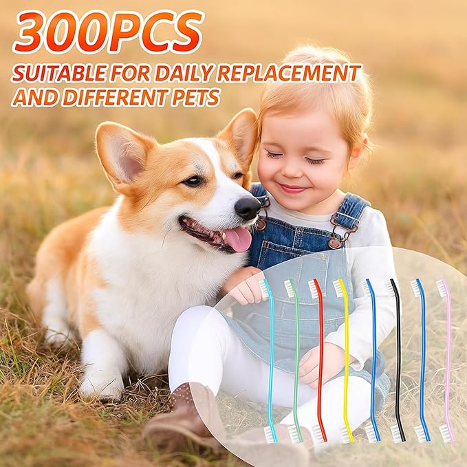 300 Pcs 8.66 Inch PP and Nylon Dual Head Dog Toothbrushes with Long Handle for Puppy Cat Pet Oral Cleaning and Dental Care in Assorted Colors