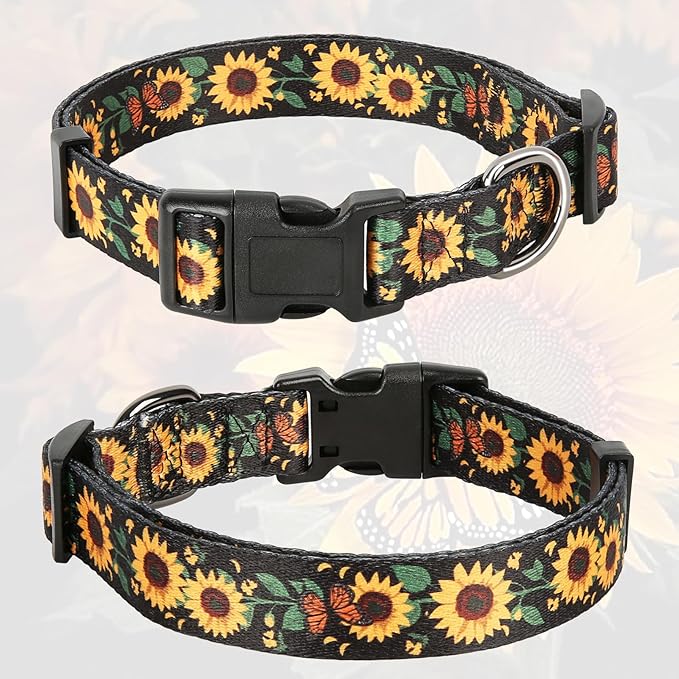 HEELE Dog Collar, Adjustable Soft Dog Collar for Small Medium Large Dogs,Sunflower Floral Patterned Puppy Collars with Quick Release Buckle Sunflower Black S Length 9.84''-14.96'