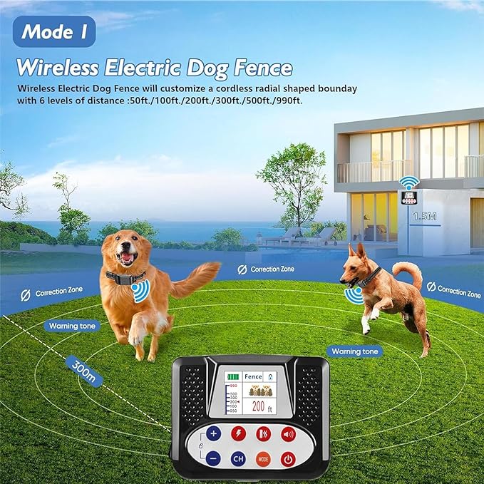 Wireless Dog Fence, 2024 Pet Boundary Containment System, Electric Dog Fence & Remote Training Collar 2in1, Adjustable Vibration & Shock, IP65 Waterproof Collar for Large and Medium Dogs ,for2dogs