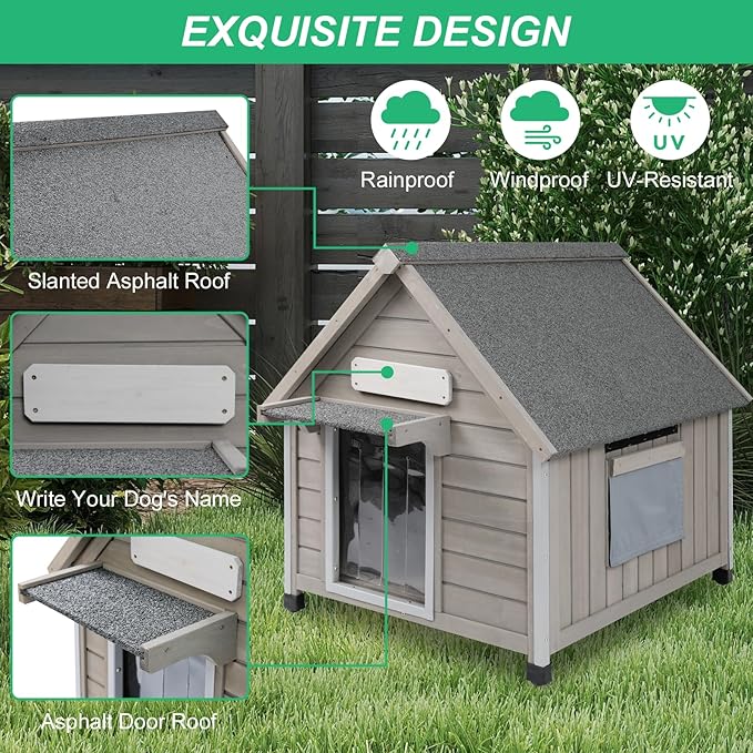 26" L Outdoor Dog House with Waterproof Asphalt Roof for Small to Medium Dogs,Large Wooden Indoor Dog Kennel with Anti-Chewing Metal,Oxford Cloth Window,Durable Doghouse for 1-2 Dogs