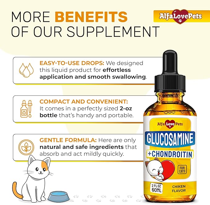 Cat Joint Supplement for All Breeds ā Glucosamine for Cats and Kittens ā Glucosamine, Chondroitin, MSM for Hip & Joint Care ā Natural Ingredients with Chicken Flavor ā 2 Oz