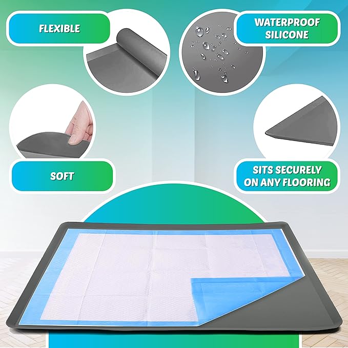 TidyFriend Dog Pee Pad Holder Tray Fits for 30” x 36” Wee Wee Pee Pads - Stable Grip, Raised Edges, Quick-Wipe Silicone Surface Dog Potty Tray Holder for Indoor Flooring Protection (Grey)