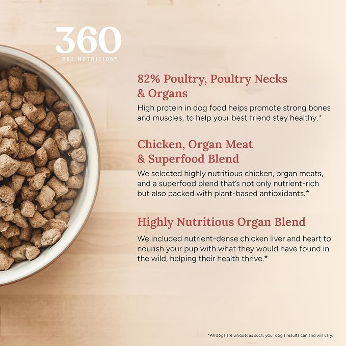 360 Pet Nutrition Freeze-Dried Raw Dog Food, High Protein, Balanced Meal, Chicken, Liver, Heart, Fruit, Veggies, Superfoods, No Fillers, 5 oz Food/Bites/Kibble Trial Size (Chicken) Made in USA
