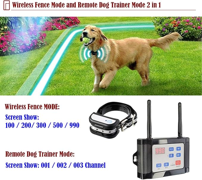 Wireless Dog Fence & Dog Training 2 in 1 System,Electric Wireless Fence Container for Dogs with Remote, Adjustable Range Control & Display Distance, Waterproof Reflective Stripe Collar for All Dogs,fo