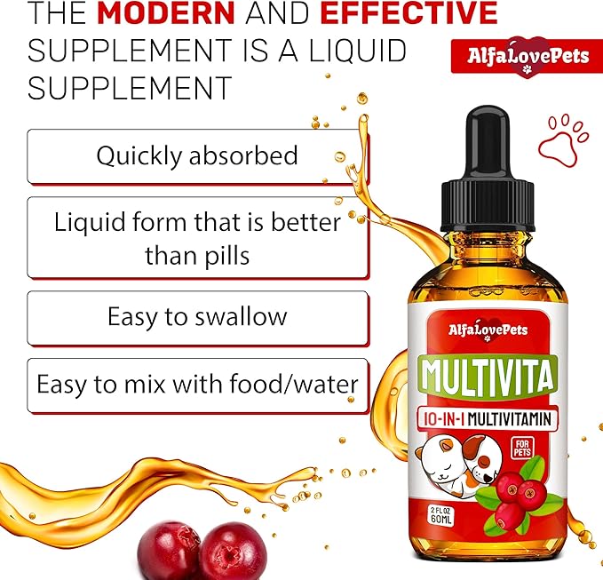 Liquid Multivitamin for Dogs β Cat Multivitamins for Indoor Cats β 10-in-1 Liquid Dog Vitamins B Complex, C, D3 β Digestion, Urination, Hip & Joint, Skin & Coat β Cranberry Flavor β 2 Oz