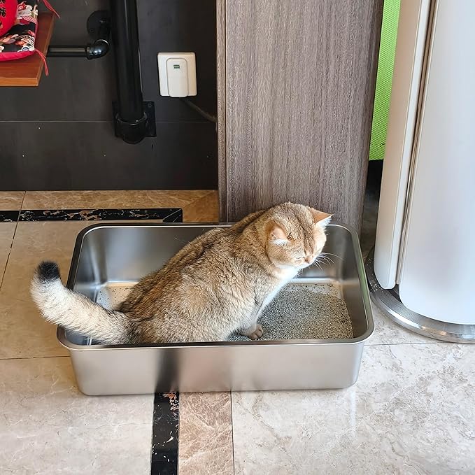 Stainless Steel Litter Box -6in High Side,Metal Litter Box for Cat/Kitty/Rabbits 17" L x 13.8" W x 6" H,Stainless Steel Cat LitterBox-Metal PanToilet,No Smell, Non Stick, Easy Clean.