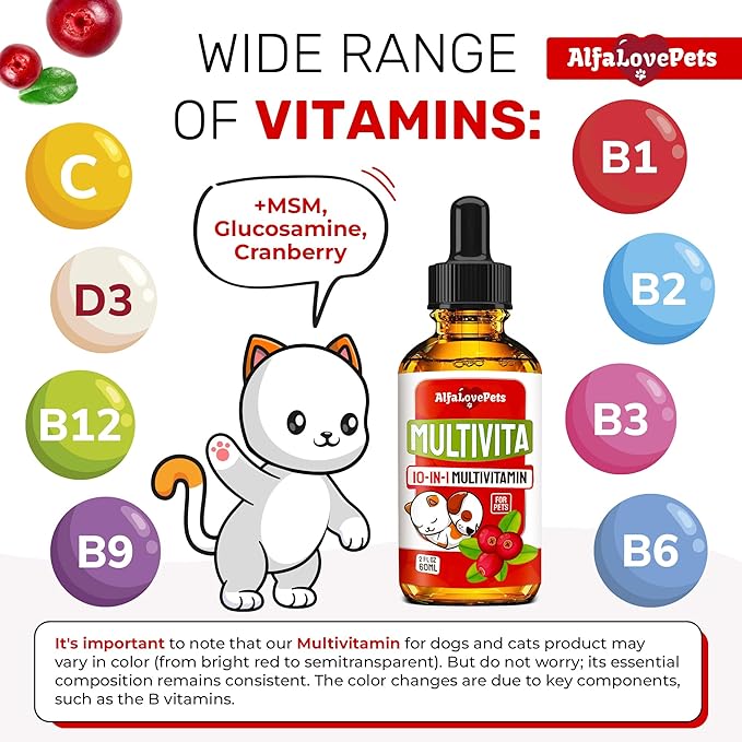 Liquid Multivitamin for Dogs β Cat Multivitamins for Indoor Cats β 10-in-1 Liquid Dog Vitamins B Complex, C, D3 β Digestion, Urination, Hip & Joint, Skin & Coat β Cranberry Flavor β 2 Oz