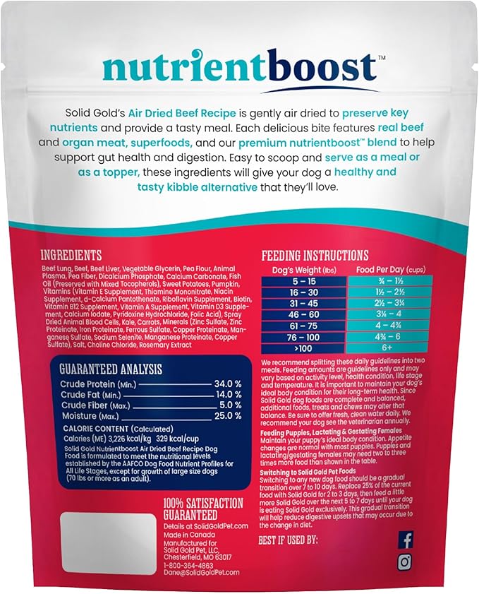 Solid Gold Air Dried Dog Food Toppers for Dry Food - Healthy Dog Treats w/Real Beef & Superfoods - Serve as a Complete Meal, Topper or Treats - Supports Muscle Growth, Immunity & Digestion - 4oz