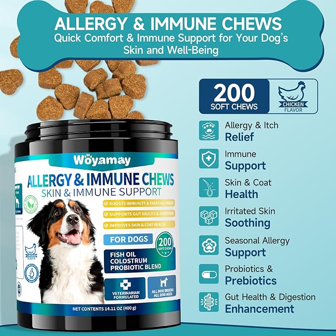 200 Dog Allergy Chews Anti-Itch for Dogs, Dog Allergy Relief Chews for Dogs Itching Skin Relief, Skin & Coat Supplement, Omega 3 Fish Oil, Turmeric & Colostrum Immune Support, Hot Spots, Paw Licking