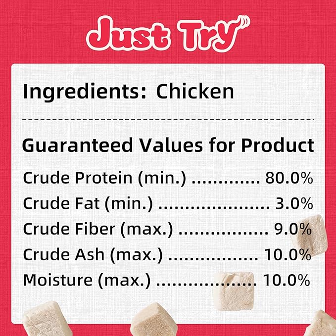 Just Try 7.04 oz Freeze Dried Chicken Cat & Dog Treats Food Topper Raw Single Ingredient High Protein Grain Free Healthy Dog Training Treats