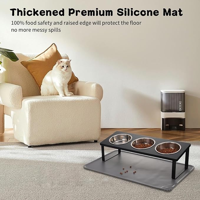Upgraded Elevated Cat Bowls with Food Mat,15°Tilted Stand Anti Vomiting Raised Cat Dishes for Food and Water,3 Stainless Steel Bowls for Cats and Puppy(Black)
