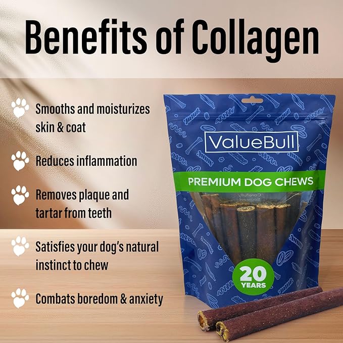 ValueBull Collagen Sticks for Dogs, 6 Inch Medium Chews, Natural Long-Lasting Dog Treats, 400 Count Wholesale Pack - Supports Joints, Skin & Coat with Chondroitin & Glucosamine