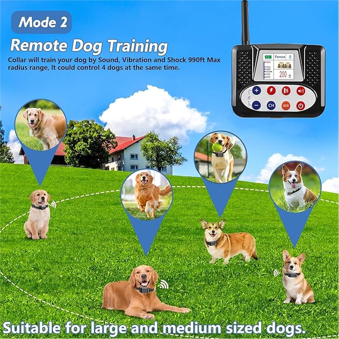 Wireless Dog Fence, Electric Dog Fence & Remote Training Shock Collar 2-in-1,Waterproof Rechargeable, Cover Up to 8 Acre, Portable Pets Safe Containment System for Outdoor,Yard,Indoor,,for3dogs