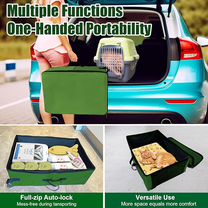 20x14x6.5 Inches, Upgraded Portable Cat Travel Litter Box with Zipped Lid & 10 Liners, Leak-Proof and Foldable Travel Cat Litter Box for Hotels, Car, and Camping, Odor-Free & Waterproof (Army Green)