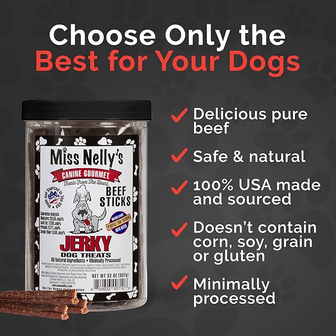 Miss Nelly's- All Natural Beef Jerky Dog Treats Made in USA Only-Original Smoke House Recipe-Minimally Processed Soft Sticks Dog Jerky Treats-32 oz. Jar