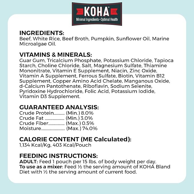 KOHA Pet Limited Ingredient Bland Diet for Dogs Value Pack, Beef and White Rice Recipe Sensitive Stomach Wet Dog Food, Gentle Formula Easy to Digest Bland Diet Dog Food, Pack of 30