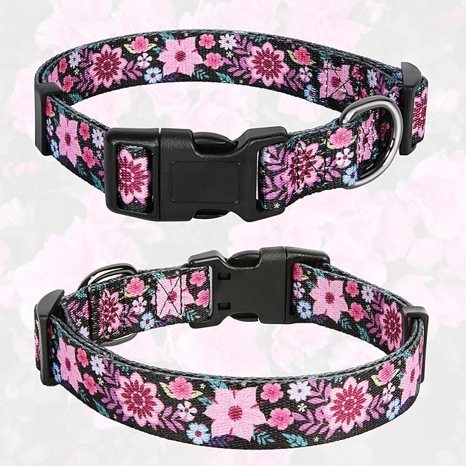 HEELE Dog Collar, Adjustable Soft Dog Collar for Small Medium Large Dogs,Floral Patterned Puppy Collars with Quick Release Buckle Galsang Black L Length 15.94''-25.59'