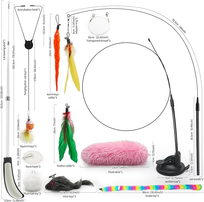 4-in-1 Interactive Cat Toy for Indoor Cats – Retractable Cat Wand, 2-Pole Suction Cup, Catnip Pillow, 14+ Accessories – Self-Play & Interactive Cat Feather Toys with Safe Durable Materials