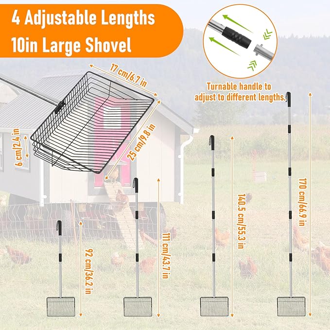 Chicken Coop Pooper Scooper, 36" to 67" Stainless Steel Long Handle Cat Litter Scoop, 5 Segment Extendable Dog Poop Scooper Long Handle, Pet Pooper Scooper for Chicken Dog Cat Manure Rabbit Manure