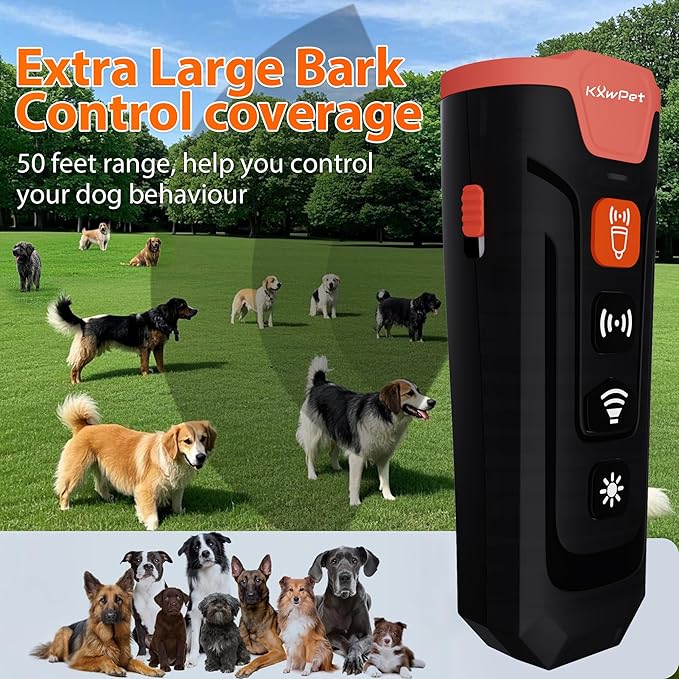 Ultrasonic Dog Bark Deterrent Device, 50 ft Range, LED Flashlight, 3 Heads, Correct Dogs Bad Behaviors Without Harm, Alternative to Dog Training Collars and Bark Collars
