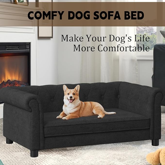 39" Dog Sofa Couch Bed for Small to Large Dogs, Soft Memory Foam Pet Sofa with Removable Cover, Comfortable Pet Couch with Backrest and Armrests, Easy to Clean and Maintain