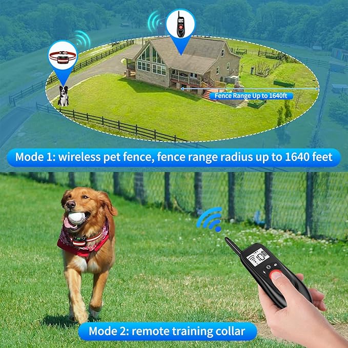 Wireless Dog Fence for 2 Dogs - Adjustable up to 1640ft Electric Fence, 185 Days Standby Time Training Collar, Pet Containment System with 3 Training Modes, Flash Light and Waterproof