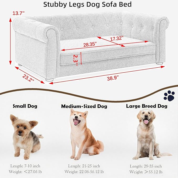 39" Dog Sofa Couch Bed for Small to Large Dogs, Soft Memory Foam Pet Sofa with Removable Cover, Comfortable Pet Couch with Backrest and Armrests, Easy to Clean and Maintain