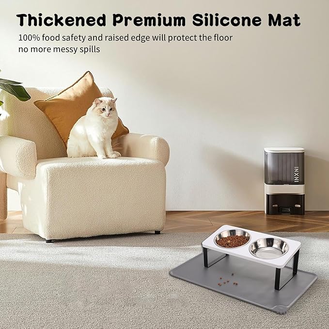 Upgraded Elevated Cat Bowls with Food Mat,15°Tilted Stand Anti Vomiting Raised Cat Dishes for Food and Water,2 Stainless Steel Bowls for Cats and Puppy(White)