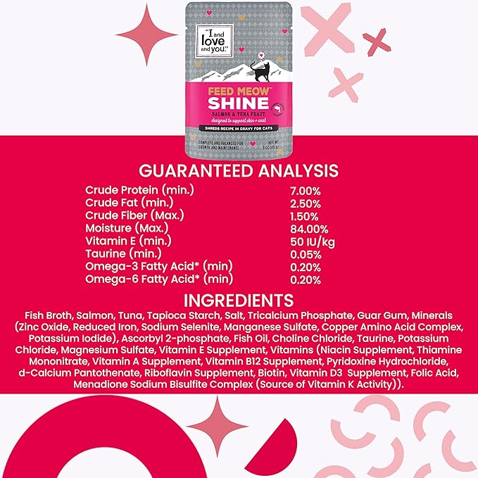 I AND LOVE AND YOU Feed Meow Shine Wet Cat Food - Salmon + Tuna - Coat and Skin Support, Grain Free, Shreeded, No Fillers, 3oz Pack of 12