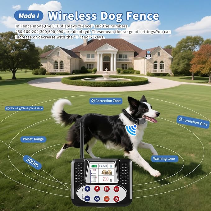 Wireless Dog Fence & Training Collar,Invisible Fence for Dogs with Shock/Vibration Modes,Waterproof & Adjustable Perimeter Dog Collar for Safety and Outdoor,1dog,Dog Boundary Collar System Wireless