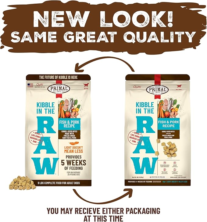 Primal Kibble in The Raw, Freeze Dried Dog Food, Fish & Pork, Scoop & Serve, Made with Raw Protein, Whole Ingredient Nutrition, Crafted in The USA, Dry Dog Food 9 lb Bag