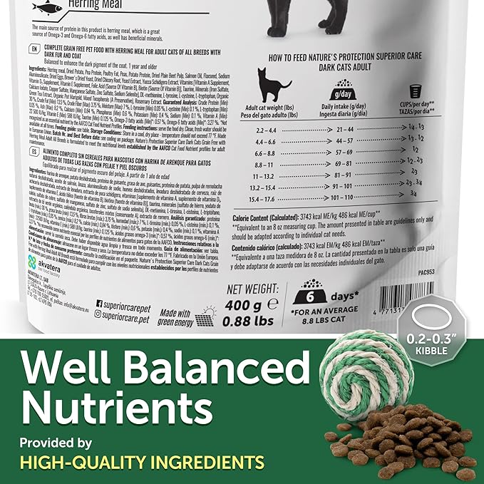 Nature's Protection Dry Cat Food - Adult Dark Coated Cat Hard Kibble, Grain-Free Healthy Nutrition Indoor & Outdoor Hairball Care for Cats, 14.11 oz Bag