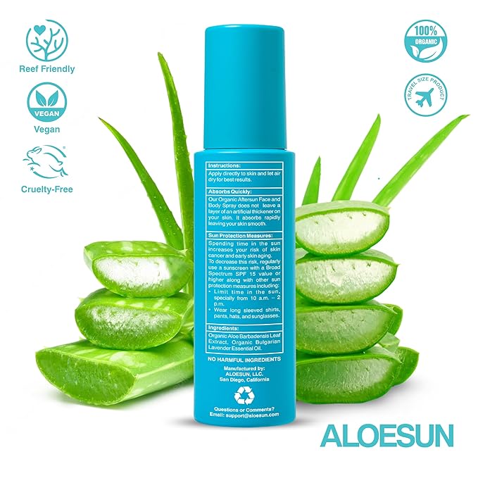 After Sun Face and Body Spray | Non Sticky Organic Aloe Vera for Sun Exposure Relief with Pure Lavender Essential Oil | Natural Aftersun Skin Moisturizer for Redness | Travel Size 3.4 Fl Oz