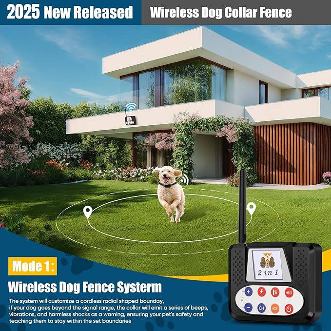 Wireless Dog Fence, Electric Fence for Dogs with Big LCD Color Screen, Portable Wireless Pet Fence with Remote Training Collar, Dog Perimeter Fence, Adjustable Collar for Big Medium Small Dogs