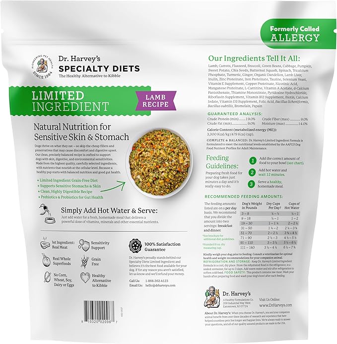 Dr. Harvey's Specialty Diet Limited Ingredient - Human Grade Dog Food for Dogs with Sensitivities - Lamb Recipe (5 Pounds)