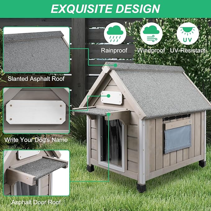 20.5" L Outdoor Dog House with Waterproof Asphalt Roof for Small to Medium Dogs,Large Wooden Indoor Dog Kennel with Anti-Chewing Metal,Oxford Cloth Window,Durable Doghouse for 1-2 Dogs