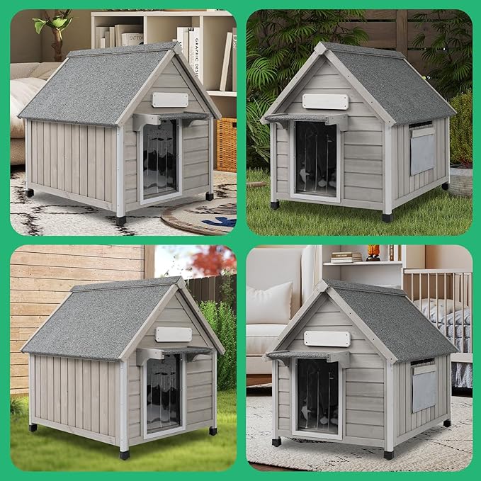 26" L Outdoor Dog House with Waterproof Asphalt Roof for Small to Medium Dogs,Large Wooden Indoor Dog Kennel with Anti-Chewing Metal,Oxford Cloth Window,Durable Doghouse for 1-2 Dogs