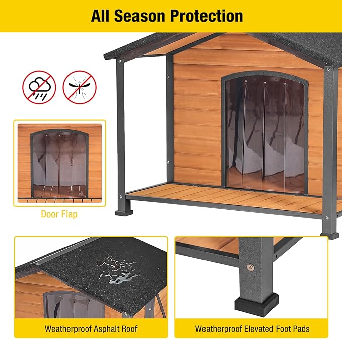 Aivituvin Dog House Outdoor with Metal Frame, Dog Kennel Outside for Large Breed, 41.5" Weatherproof Large Dog Shelter with Anti-Chewing Iron Frame, Brown (41.38" D x 41.54" W x 34.05" H)
