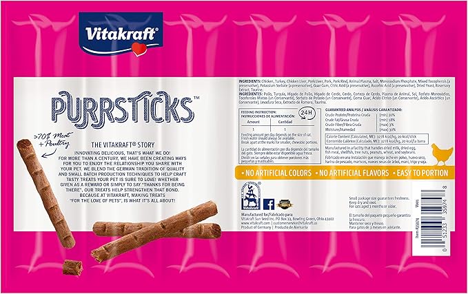 Vitakraft PurrSticks Meaty Cat Sticks - Chicken - Segmented and Breakable Meatstick - Deliciously Tender - 6 Count (Pack of 3) - 18 Sticks