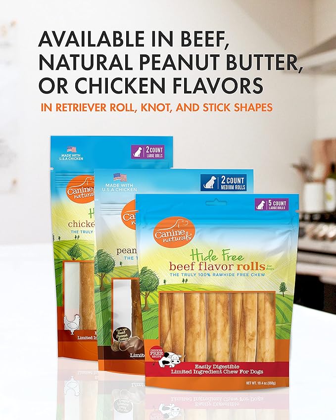 Canine Naturals Beef Chew - Rawhide Free Dog Treats - Made with Real Beef - Poultry Free Recipe - All-Natural and Easily Digestible - 5 Pack of 7 Inch Large Rolls for Dogs 50-75lb