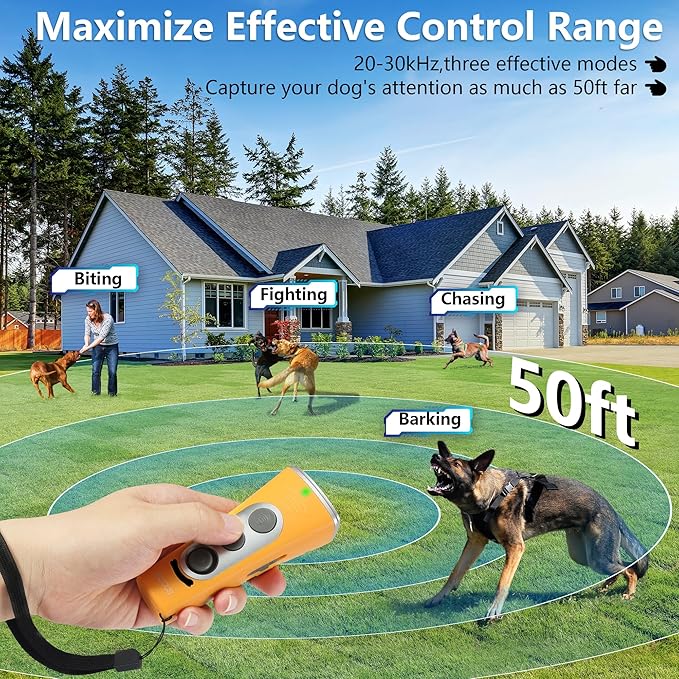 MODUS 2025New Anti Barking Device, 4X Ultrasonic Emitters Dog Bark Deterrent Device, Rechargeable Handheld Dog Barking Control Devices Dog Training&Behavior Aids with 50ft Range Indoor Outdoor(Yellow)