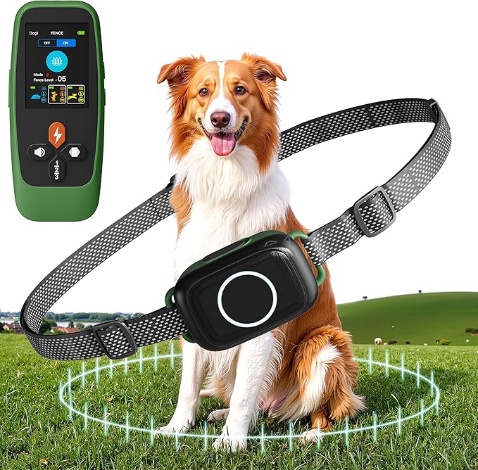 4-in-1 Wireless Dog Fence System Electric Dog Fence with Training Collar & Anti-Bark Collar | Real-Time Pet Status Display | Portable Waterproof Outdoor Pet Containment System
