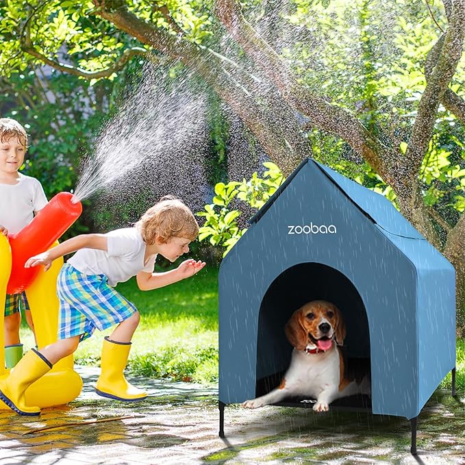 29" 2-in-1 Dog House for Medium Dogs, Elevted Dog House Outdoor/Indoor, Weatherproof Elevated Pet Shelter, Breathable Mesh & Steel Frame, Easy to Assemble & Clean(Blue)