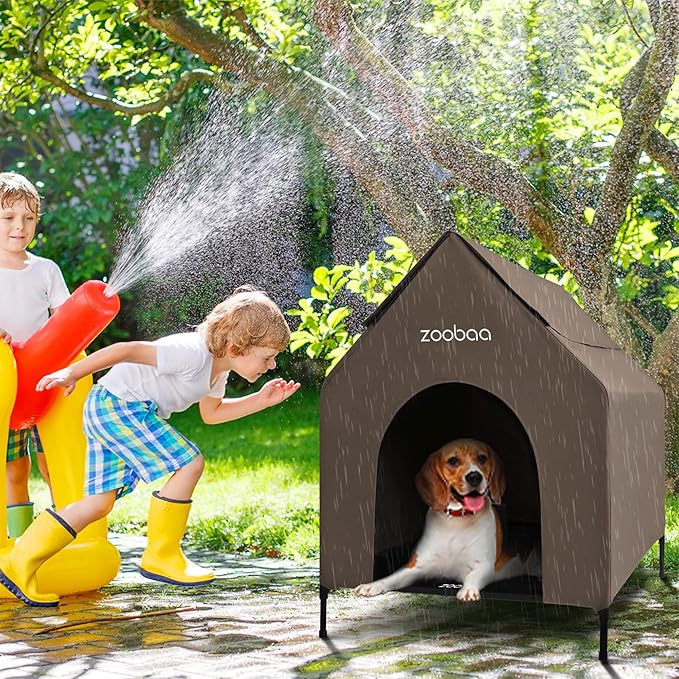 29" 2-in-1 Dog House for Medium Dogs, Elevted Dog House Outdoor/Indoor, Weatherproof Elevated Pet Shelter, Breathable Mesh & Steel Frame, Easy to Assemble & Clean(Brown)